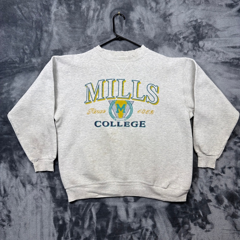 Vintage Mills College Sweatshirt Adult Large Gray Embroidered Distressed 90s